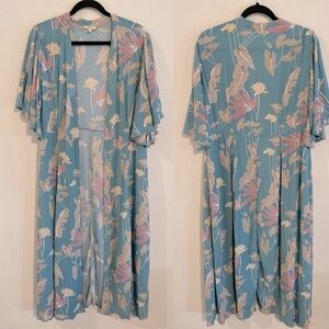 Kori Women’s Kimono Cardigan Medium Blue Floral Longline Bohemian Coastal